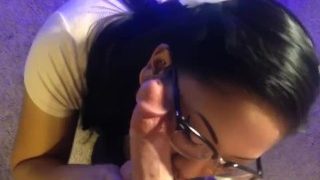 Hot asian cocksucker in glasses gets huge cum load POV